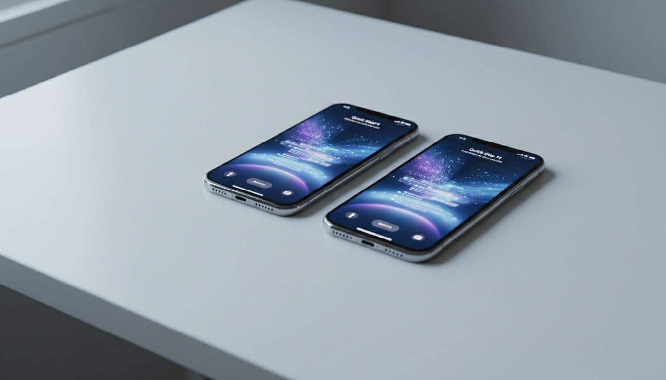 iPhone 14 and iPhone 11 side by side on a clean white desk showing the iOS setup screen during a Quick Start transfer