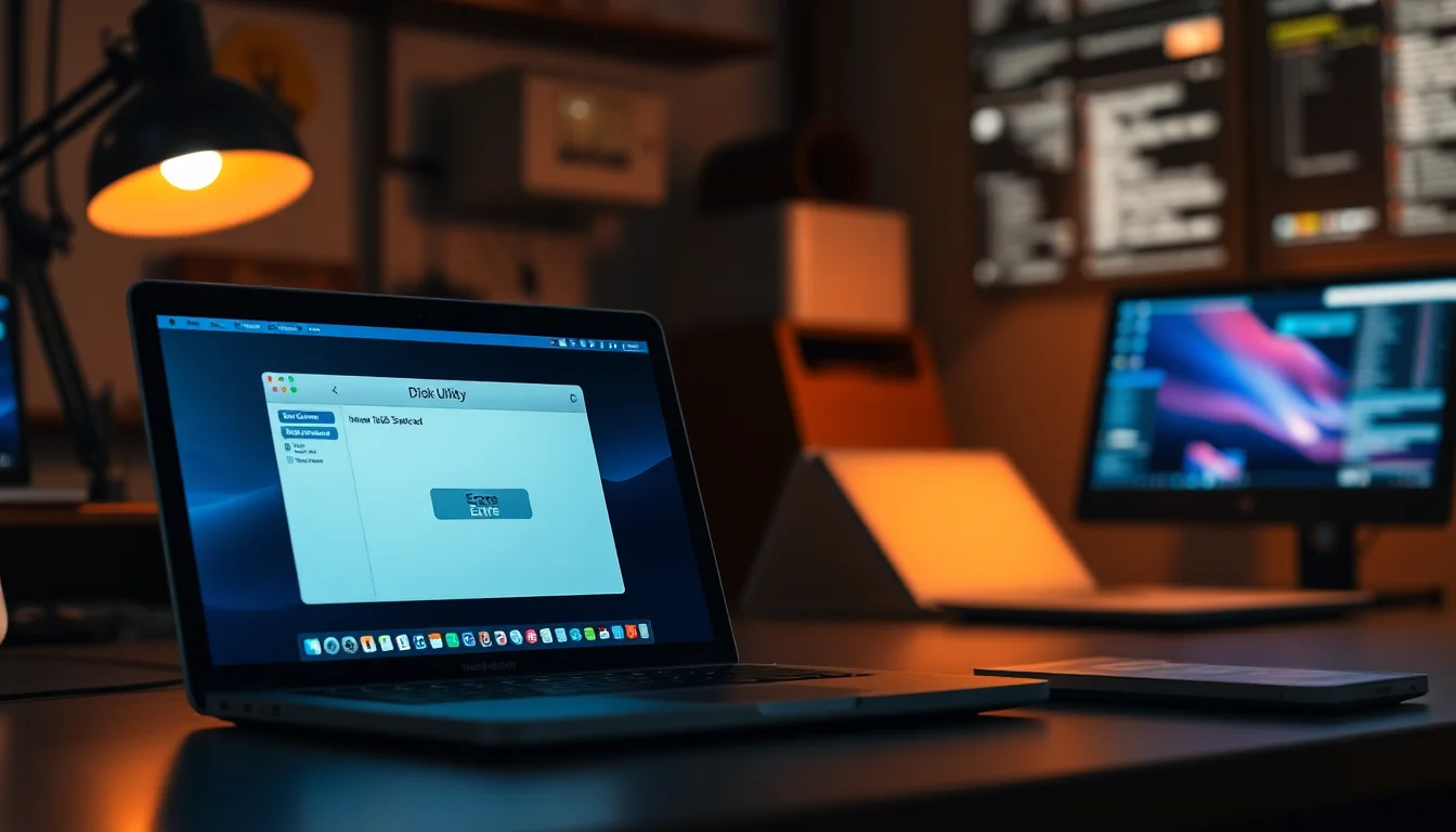 2014 MacBook Pro open in Disk Utility showing internal SSD erase option in macOS Recovery environment on a clean desk