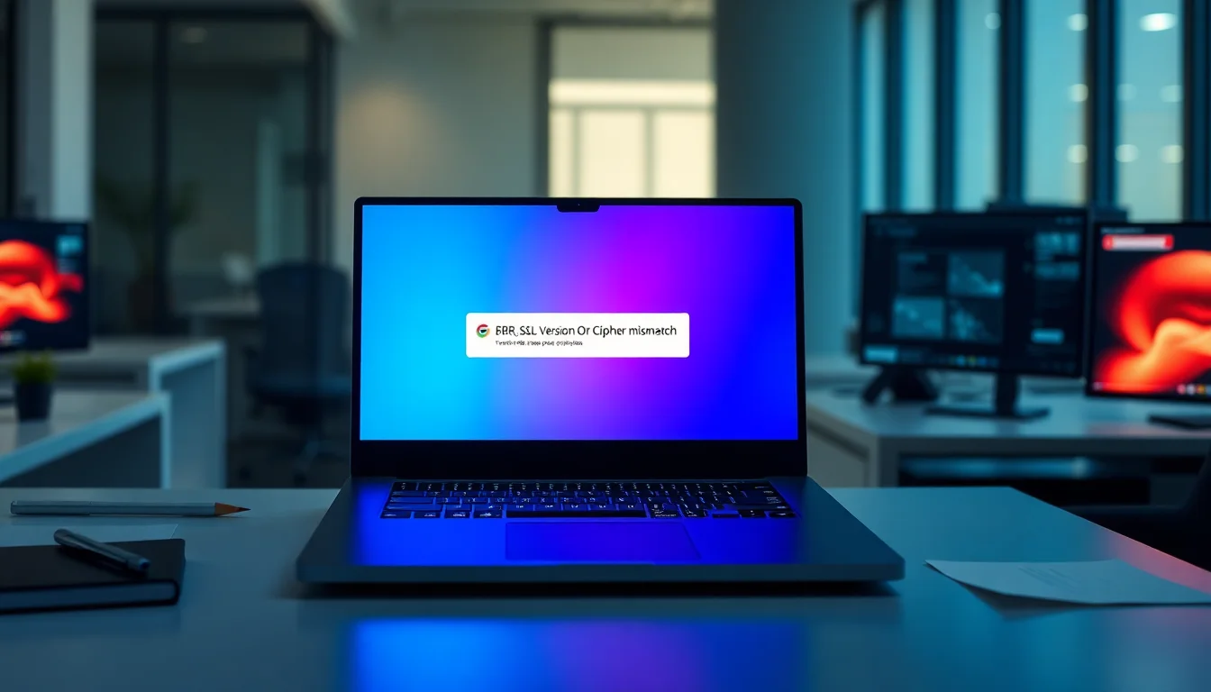 Windows 11 laptop on clean desk showing Chrome ERR_SSL_VERSION_OR_CIPHER_MISMATCH error page, cool blue error screen lighting, focused technical atmosphere