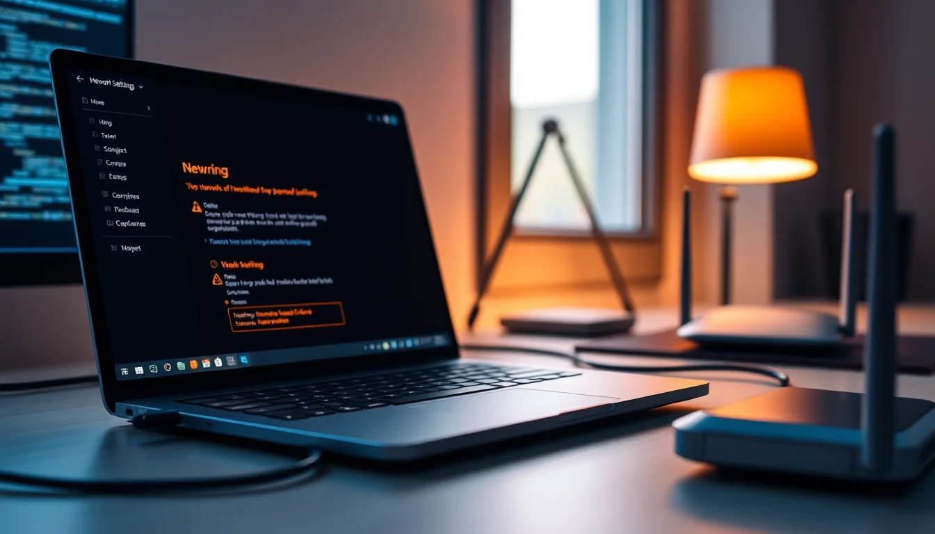 Windows PC with Ethernet cable plugged into router showing connection status in network settings with amber warning icon