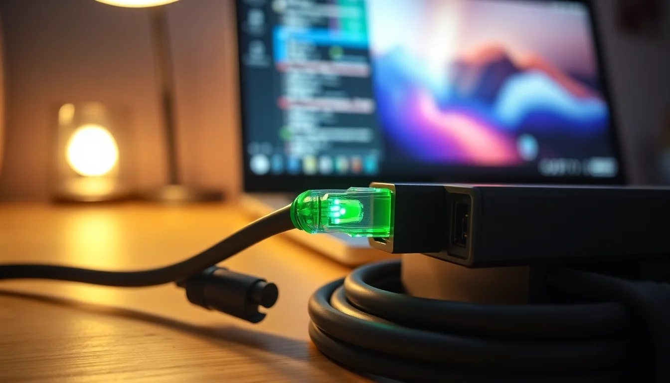 Close-up of Ethernet cable plugged into router port with connection status light visible on modern networking equipment in office setting