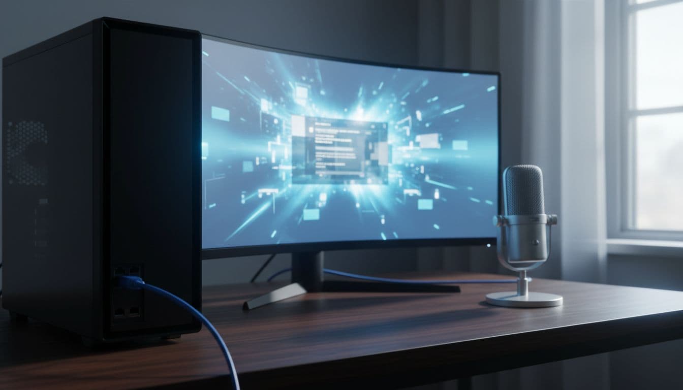 Windows PC on a desk showing Ethernet cable plugged into motherboard port and USB microphone beside it with network error icon on screen