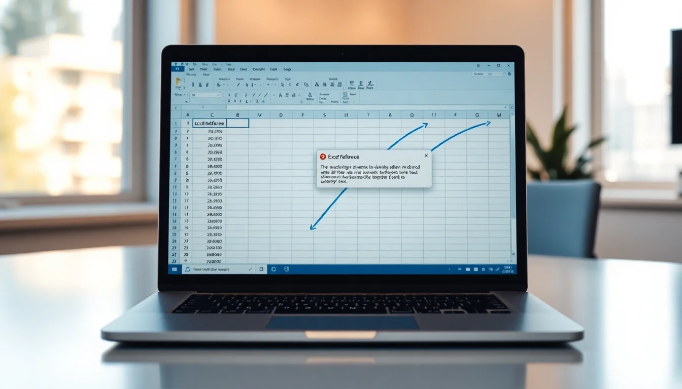 Close-up of Excel spreadsheet showing circular reference warning dialog with blue tracing arrows between cells on a modern office desk with warm natural lighting