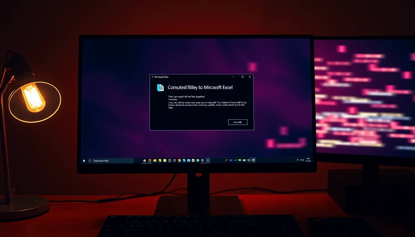 Close-up of a Windows 10 desktop showing Microsoft Excel error dialog with corrupted file message on monitor screen, warm desk lamp lighting, focused professional atmosphere