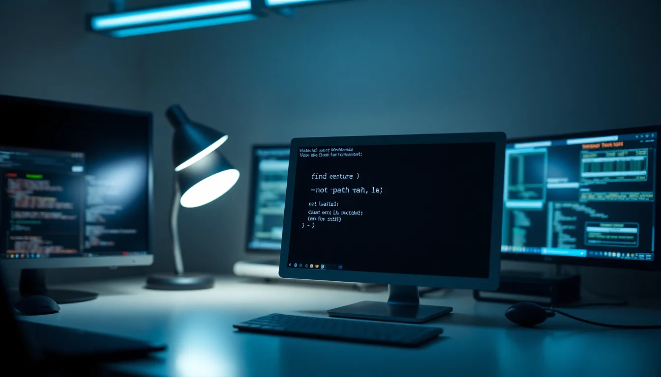 Windows Command Prompt window displaying find command syntax with folder exclusion parameters highlighted in blue text on dark background, professional technical atmosphere