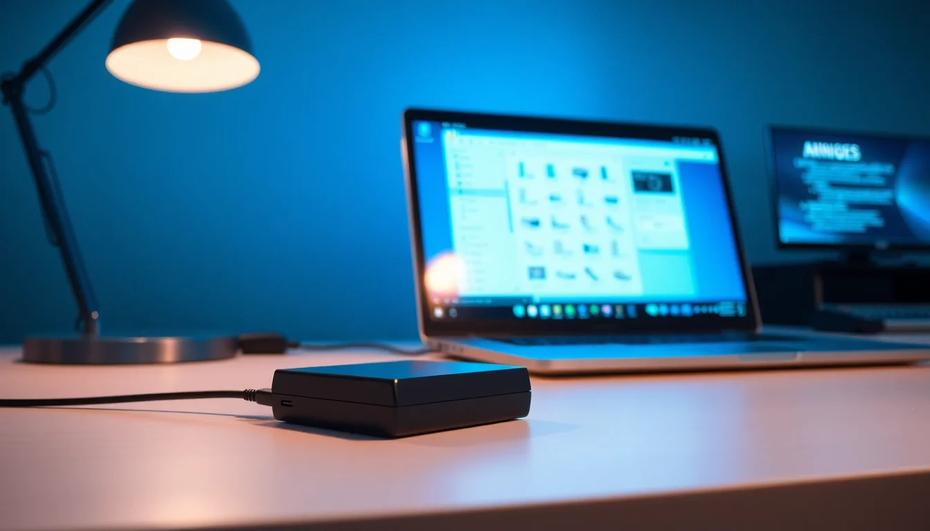 Laptop on desk with external hard drive connected to USB port, diagnostic interface visible on monitor, cool blue task lamp lighting, focused troubleshooting atmosphere