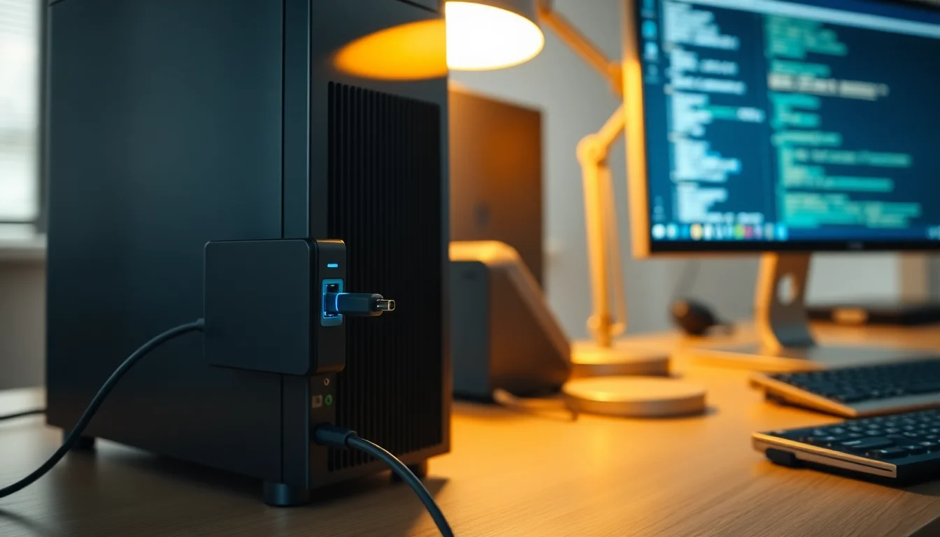 Desktop computer with external hard drive connected via USB cable on desk, blue USB 3.0 port visible, warm desk lamp lighting, focused professional atmosphere