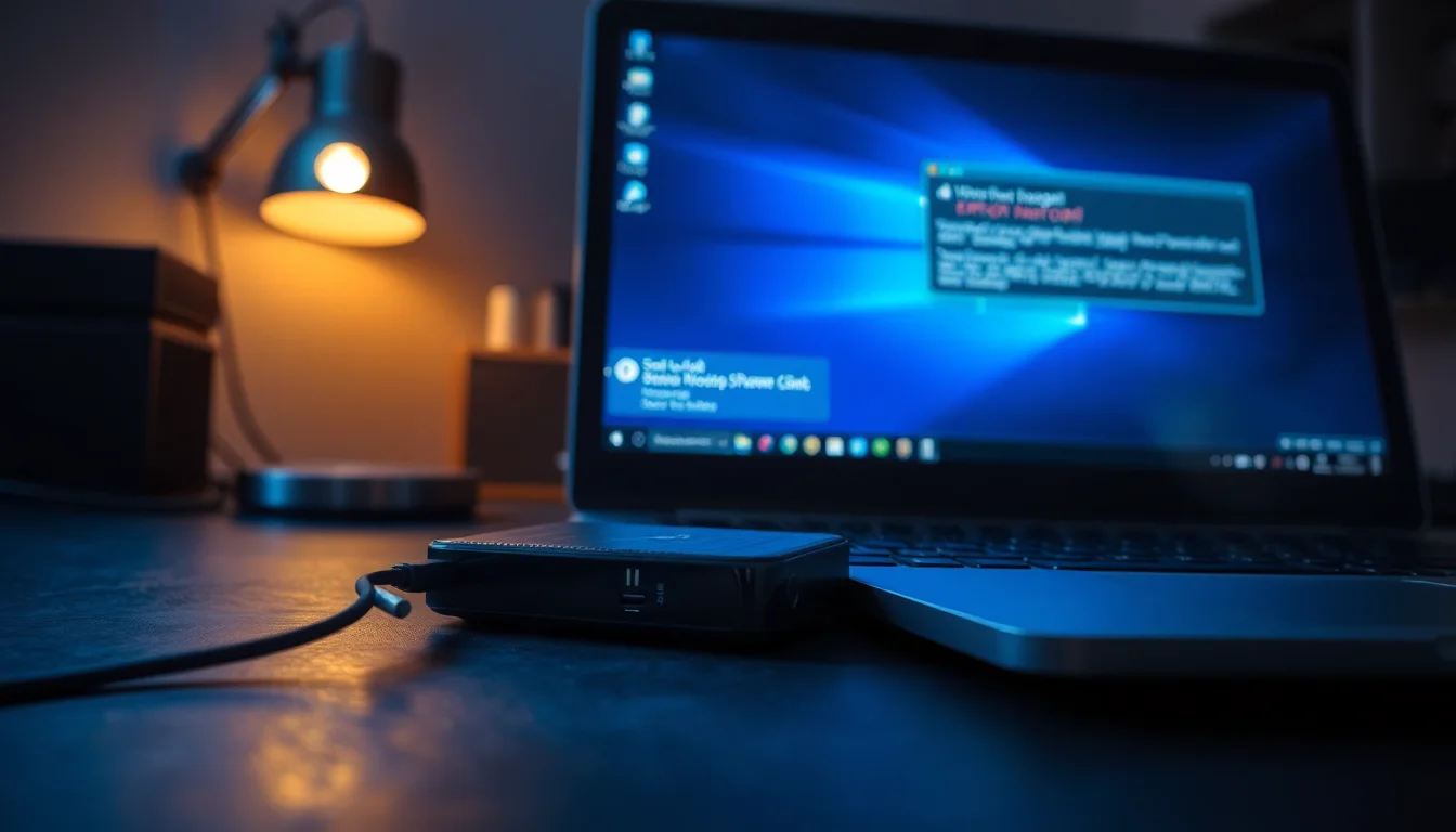 External hard drive disconnected from USB port on a dark desk showing Windows error notification about unsafe removal