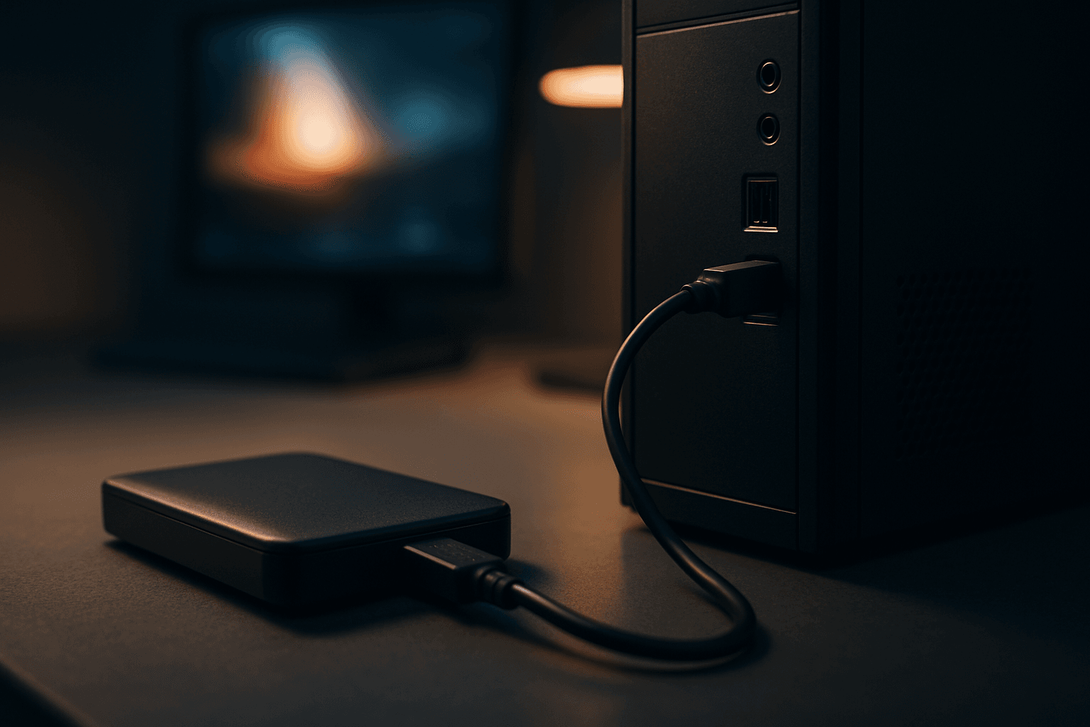 External hard drive connected via USB to a Windows desktop PC on a clean desk, drive not appearing in File Explorer