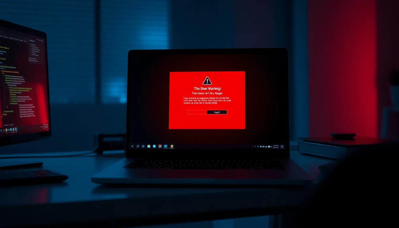 Windows laptop displaying a red fake virus warning popup alert with lock icon on modern desk, harsh red screen lighting, dramatic urgent atmosphere