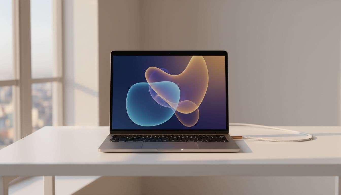 MacBook Pro on a clean desk connected to a single 140W MagSafe 3 charger with charging indicator glowing amber