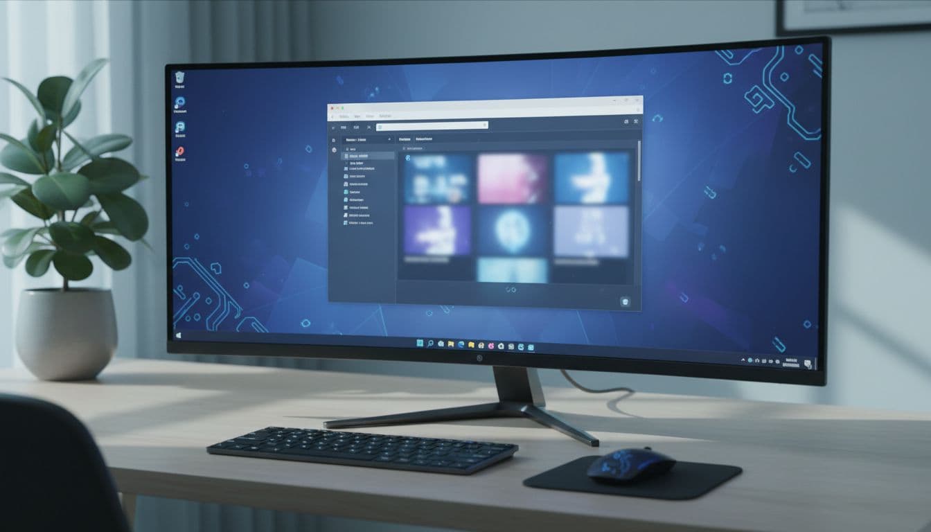 Windows 11 File Explorer open on a modern desk showing missing tabs interface with a settings window visible on screen