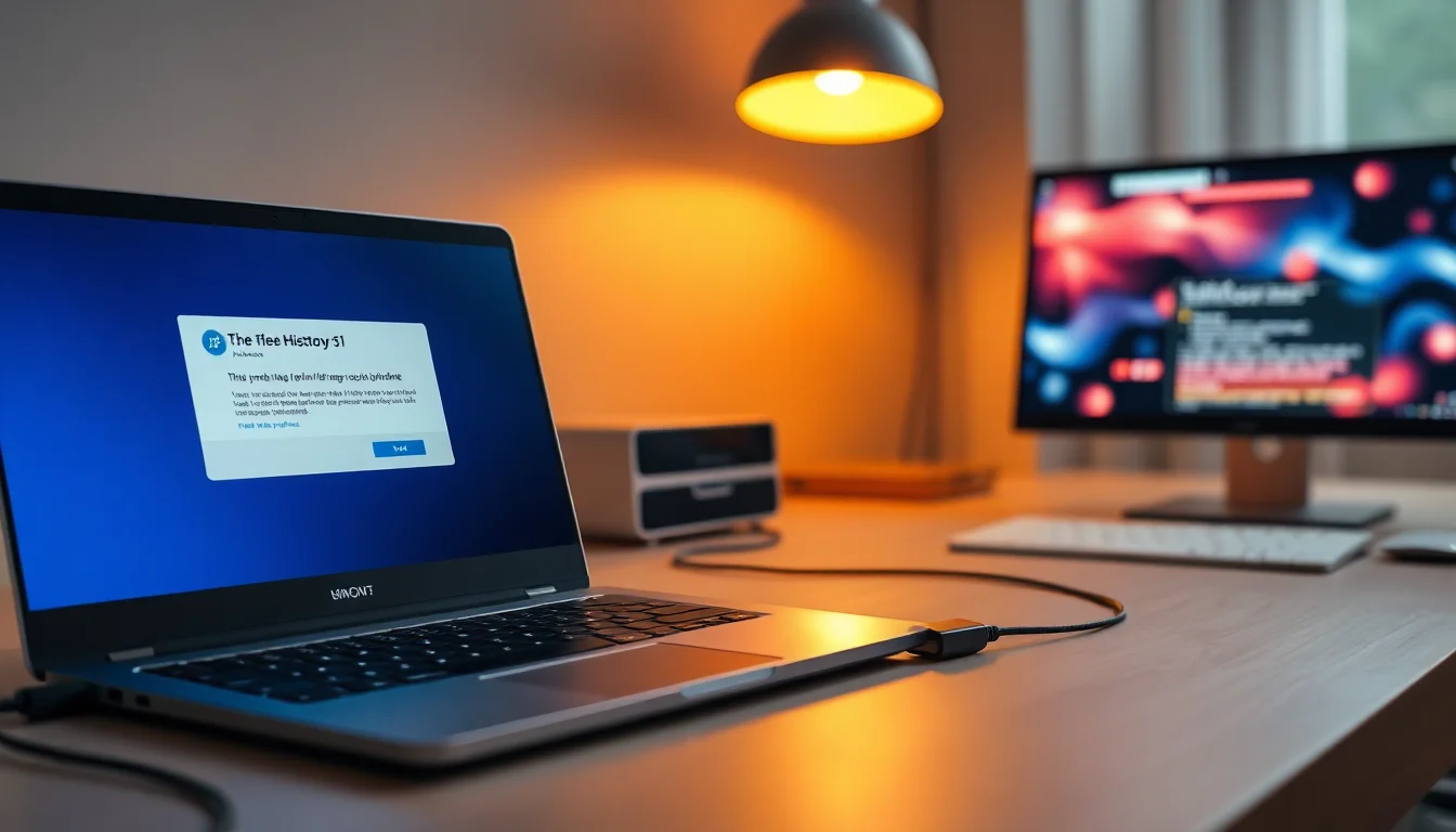 Windows 11 laptop on desk with external backup drive showing File History disconnected error notification on screen, warm desk lamp lighting, calm focus atmosphere