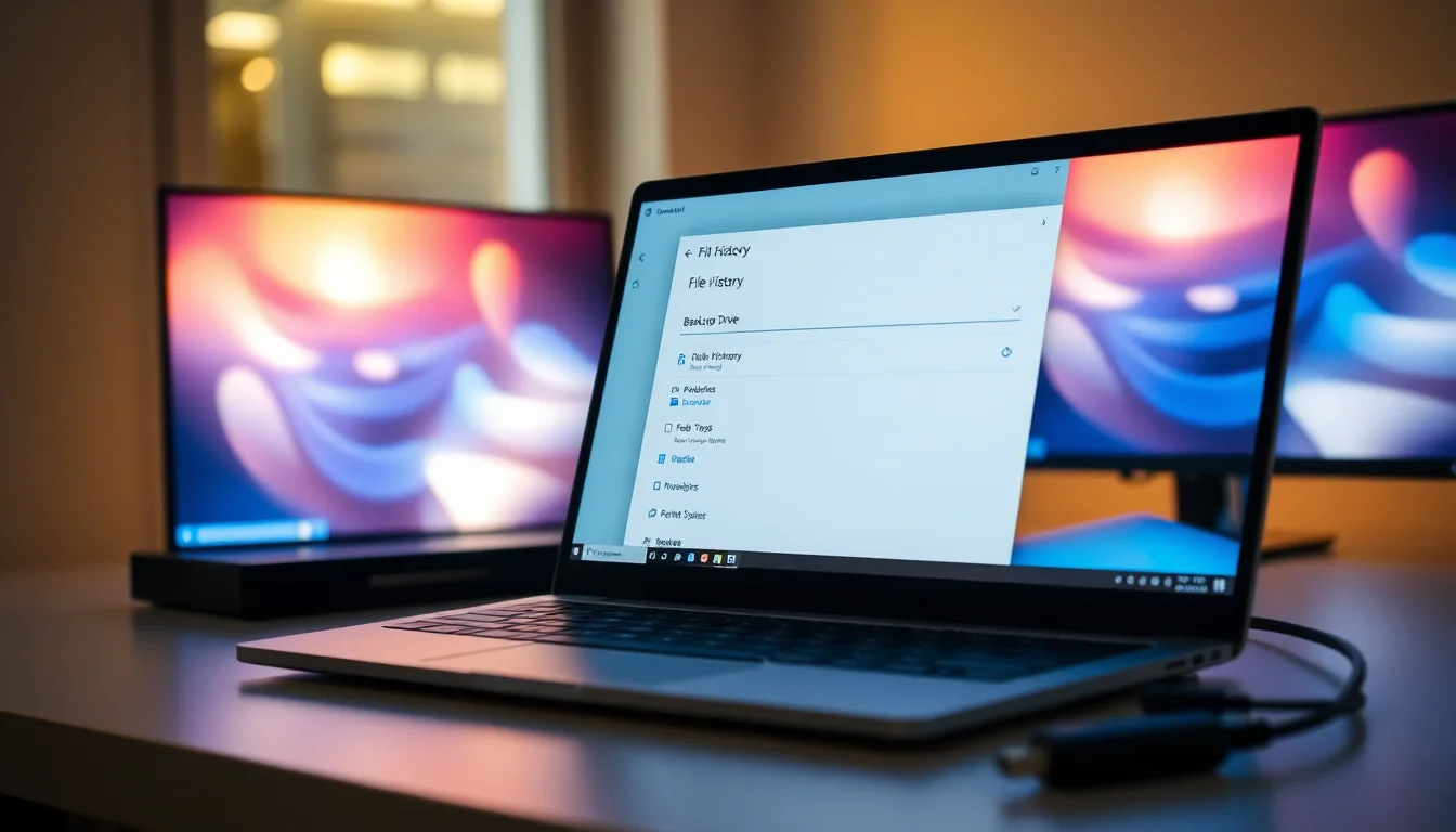 Windows 11 File History settings panel on a modern laptop showing backup status and drive selection menu with external USB drive connected