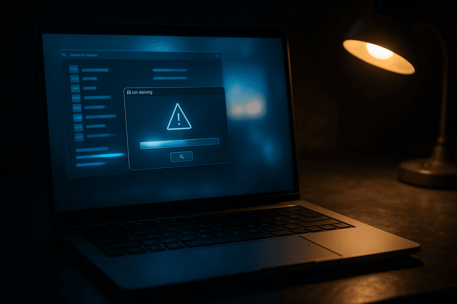 A Windows laptop on a dark desk showing a file recovery scan in progress with a warning dialog about overwritten data