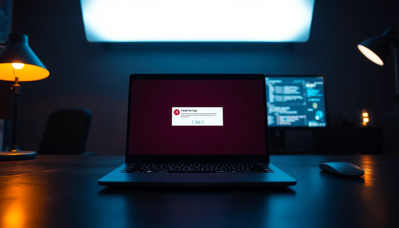 Windows 11 laptop on a dark desk showing a failed file copy progress dialog with a red error warning on screen
