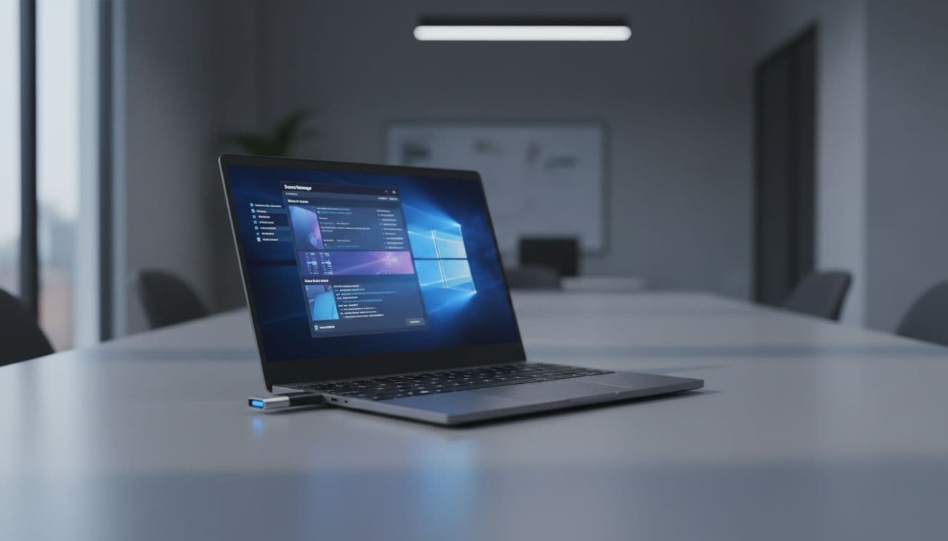 A USB flash drive plugged into a Windows laptop showing Device Manager hardware IDs on a clean desk