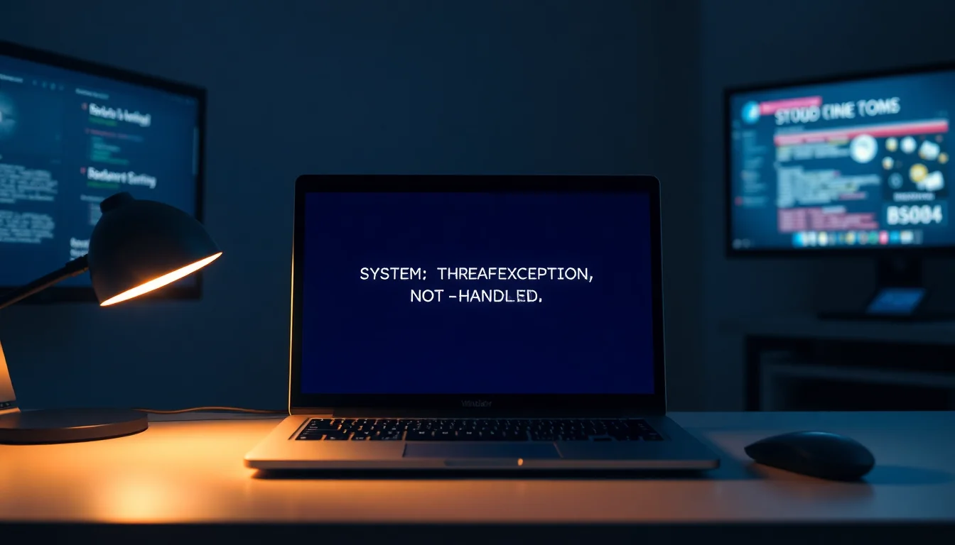 Windows laptop displaying BSOD SYSTEM_THREAD_EXCEPTION_NOT_HANDLED nvlddmkm.sys error code on dark blue screen with white diagnostic text
