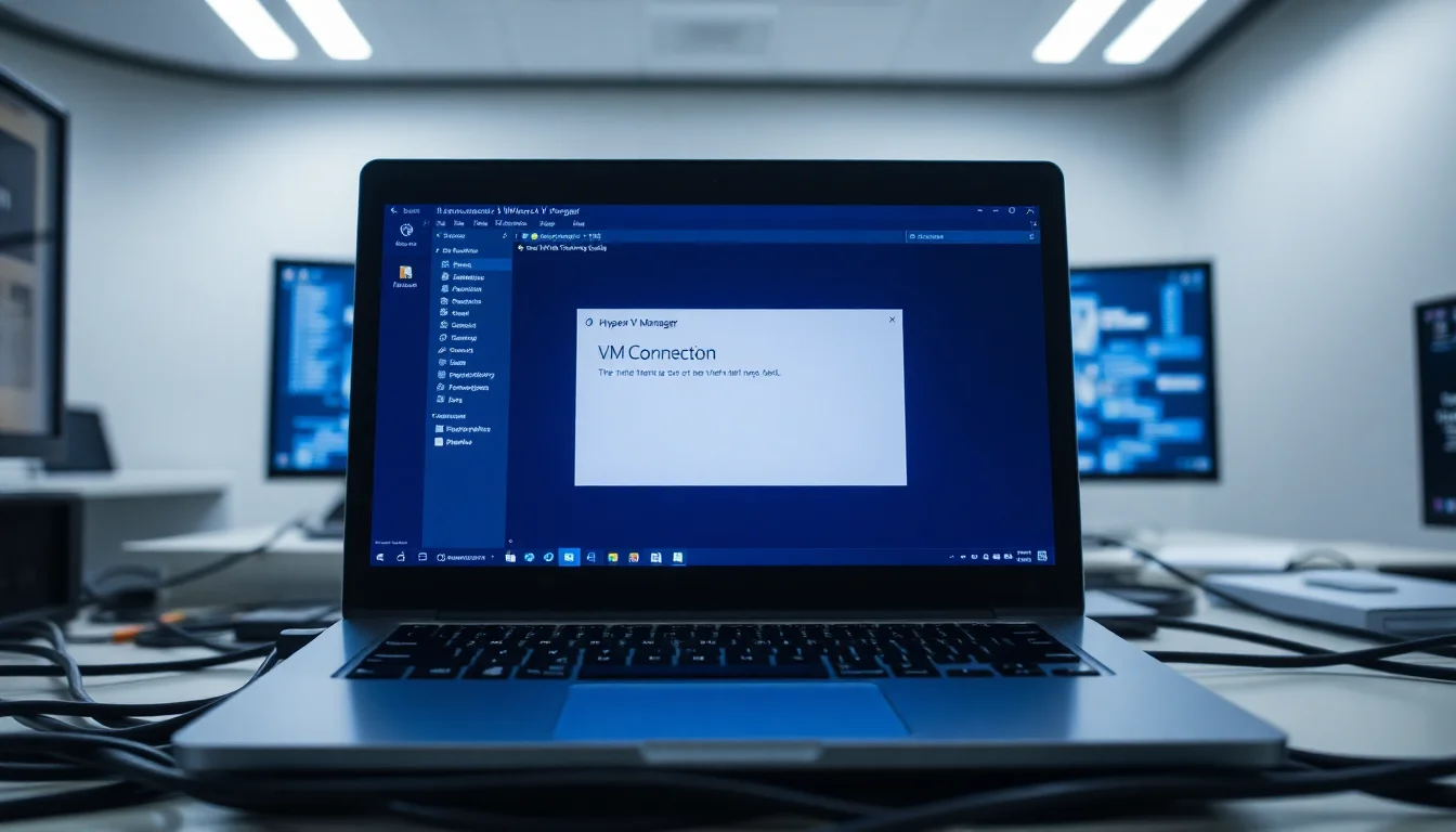 Windows 11 desktop with Hyper-V Manager open, a virtual machine connection window showing black screen, modern office desk with dual monitors displaying system settings, soft blue lighting from screens, professional diagnostic atmosphere