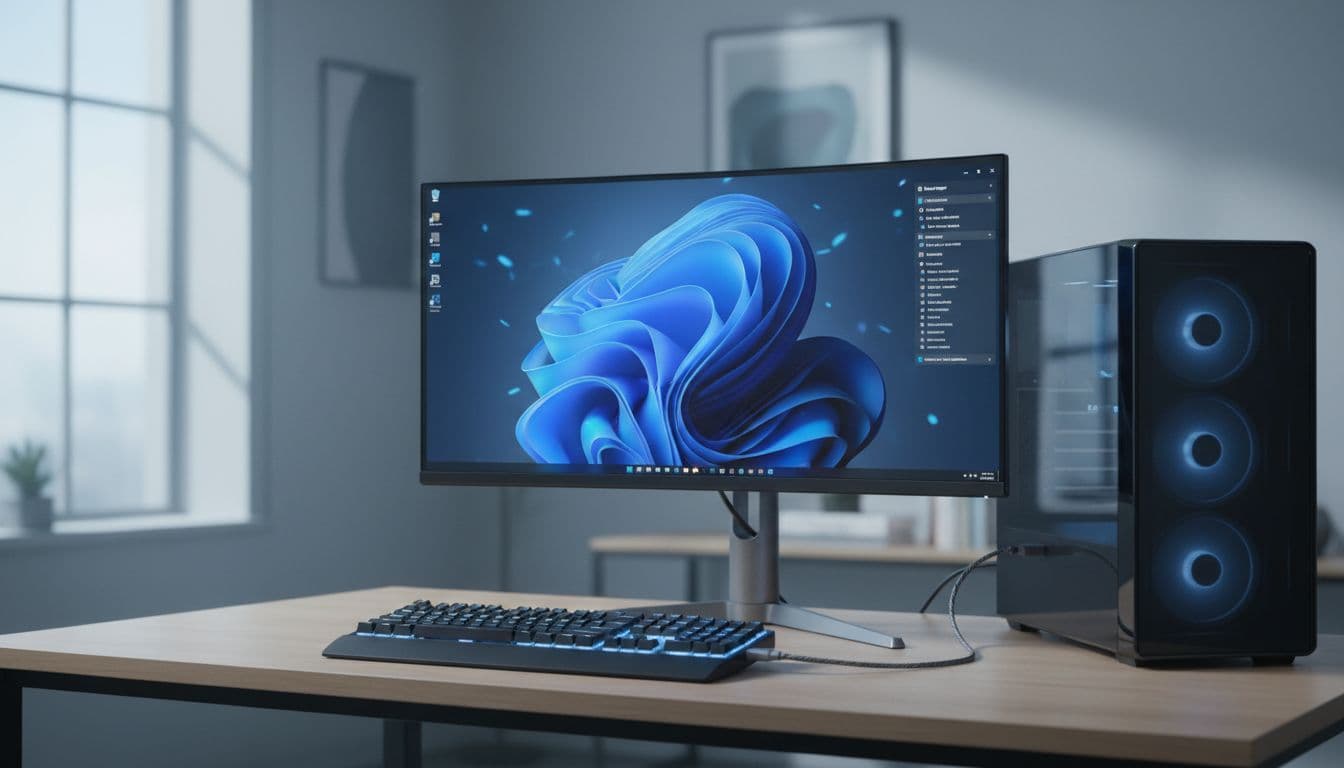 A mechanical USB keyboard connected to a Windows 11 desktop PC on a clean office desk showing a device manager window