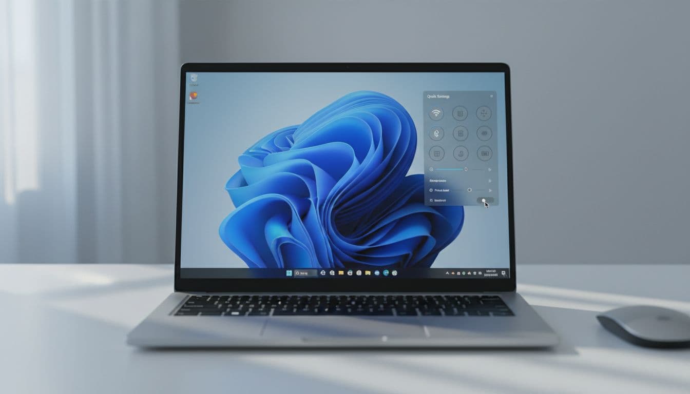 Windows 11 laptop on a clean desk showing a broken quick settings flyout panel with greyed out tiles and no response on click