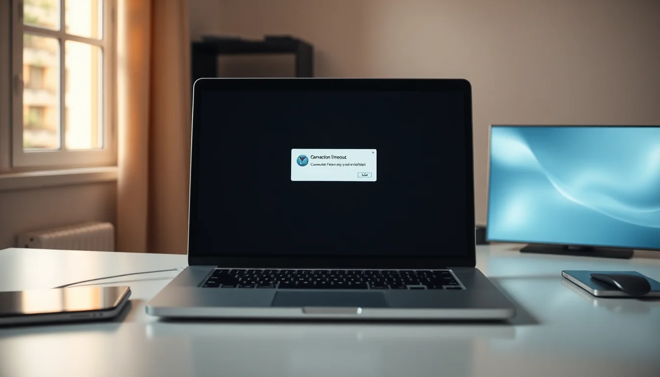 macOS Ventura Safari browser on laptop display showing connection timeout error message with loading spinner, warm office lighting from window, focused troubleshooting atmosphere
