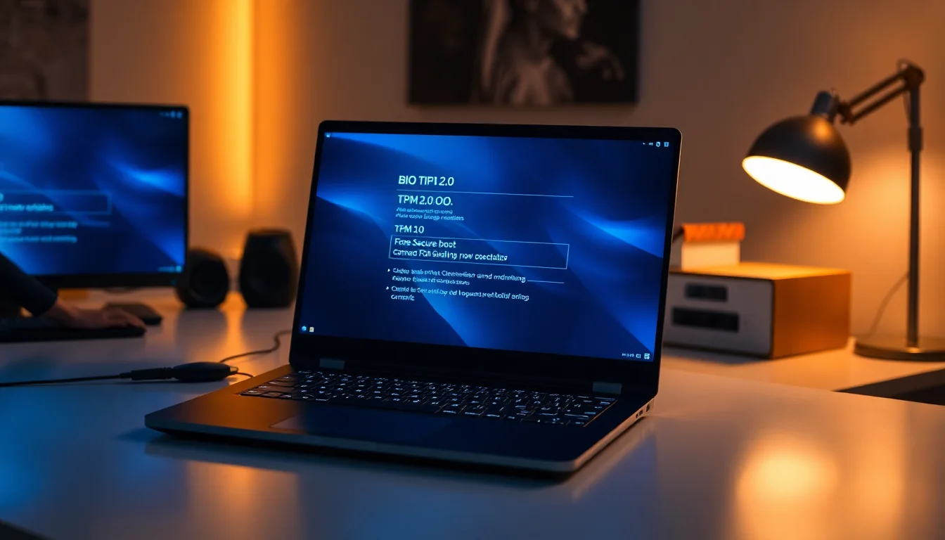 Windows 11 laptop on desk displaying BIOS settings screen with TPM 2.0 and Secure Boot toggles highlighted, cool blue screen glow with warm desk lighting, focused technical atmosphere
