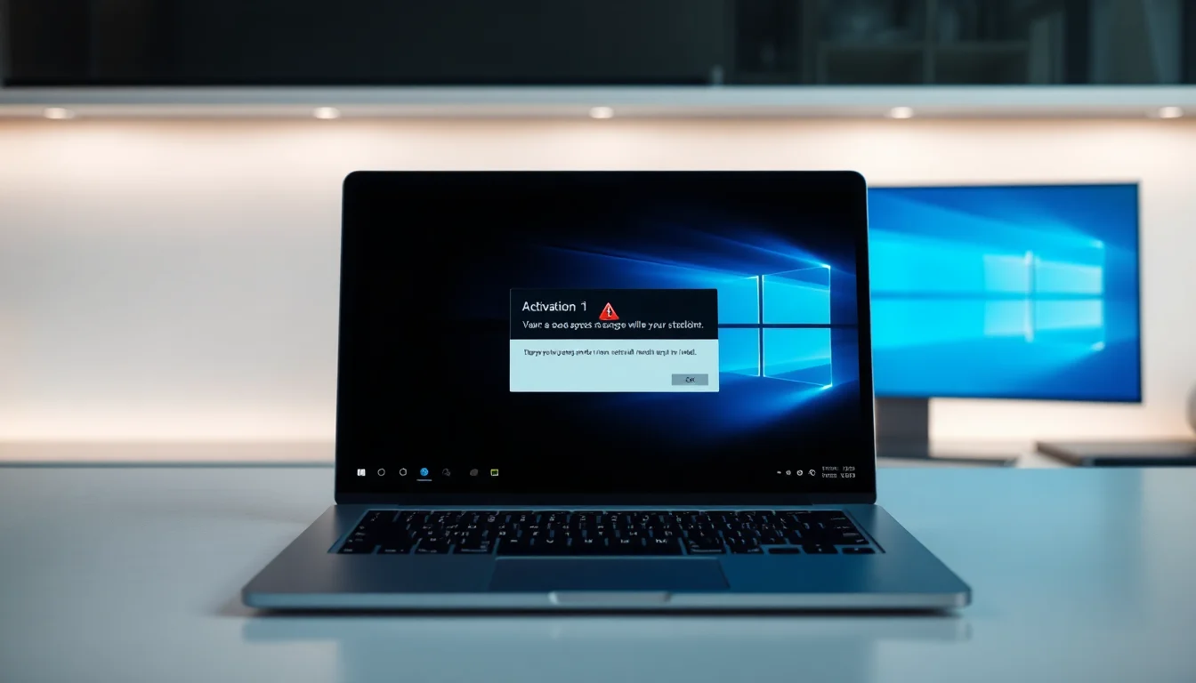 Windows 10 laptop on desk displaying activation error 0xC004F074 with KMS connection failure warning message