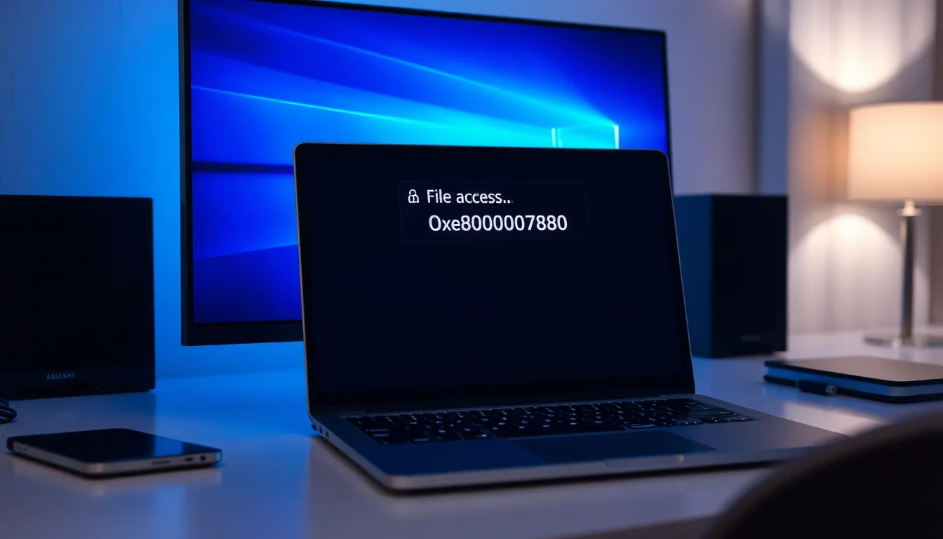 Windows 10 laptop displaying file access error 0x80070780 on monitor, sitting on modern home office desk with keyboard and mouse, cool blue-grey lighting from screen, professional focused atmosphere