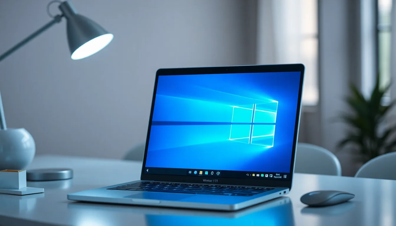 Windows 11 laptop on modern desk showing unresponsive Start menu with taskbar visible, cool blue desk lighting from side, focused professional atmosphere