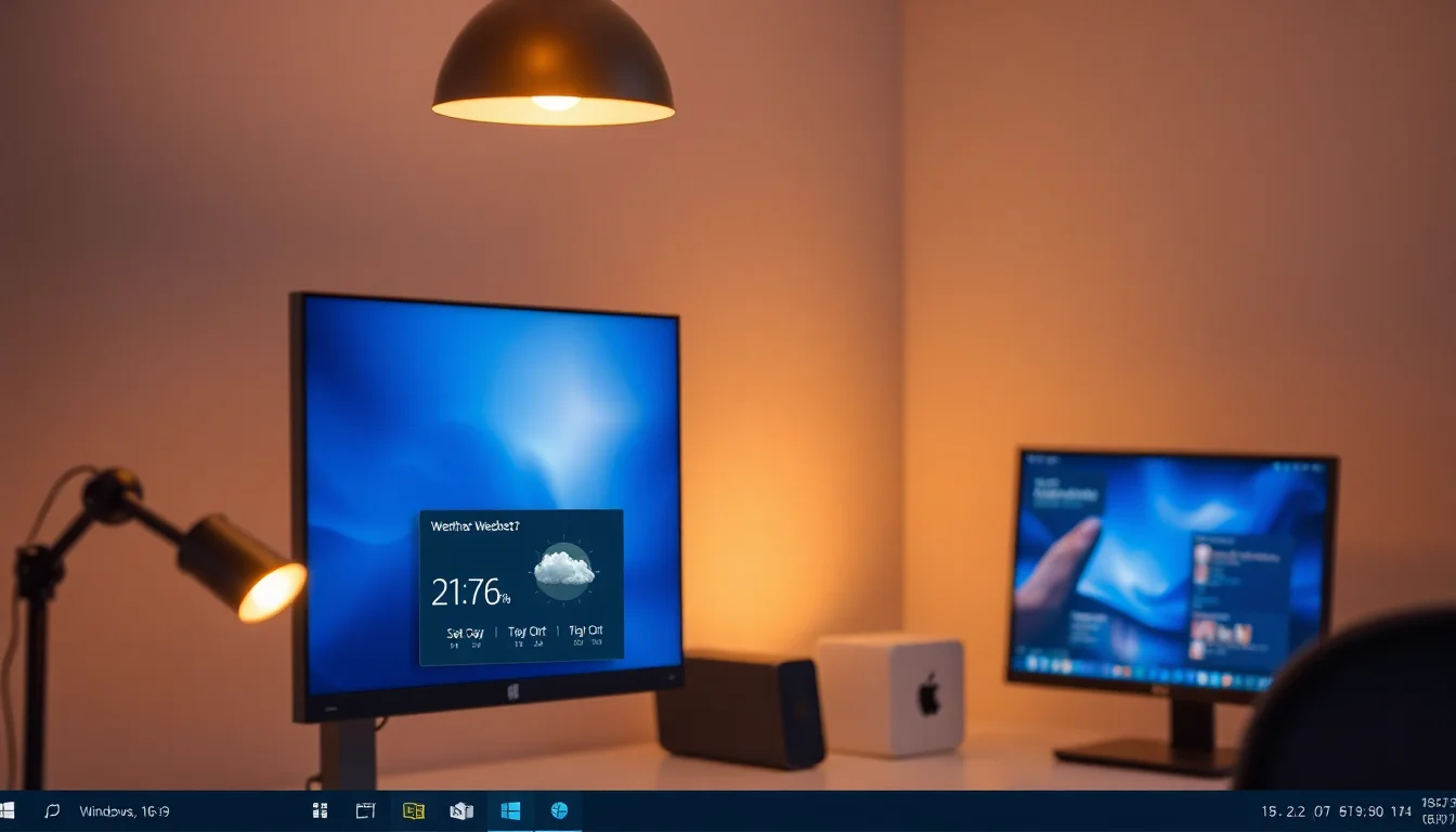 Windows 11 taskbar showing weather widget with outdated information and incorrect city location displayed on a modern desktop