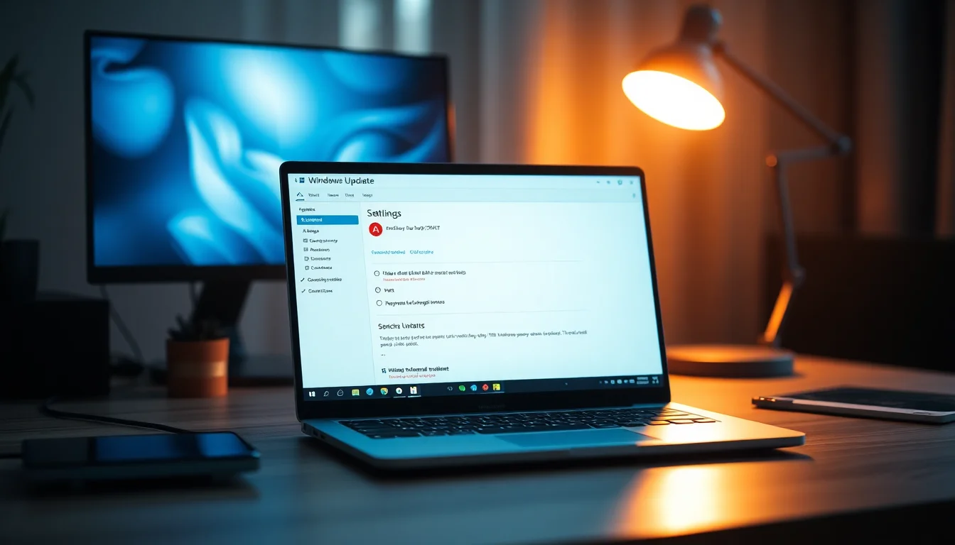 Windows 10 laptop displaying Windows Update error 0x8024402F download failed message on Settings panel, modern home office desk with warm desk lamp lighting, focused determined atmosphere