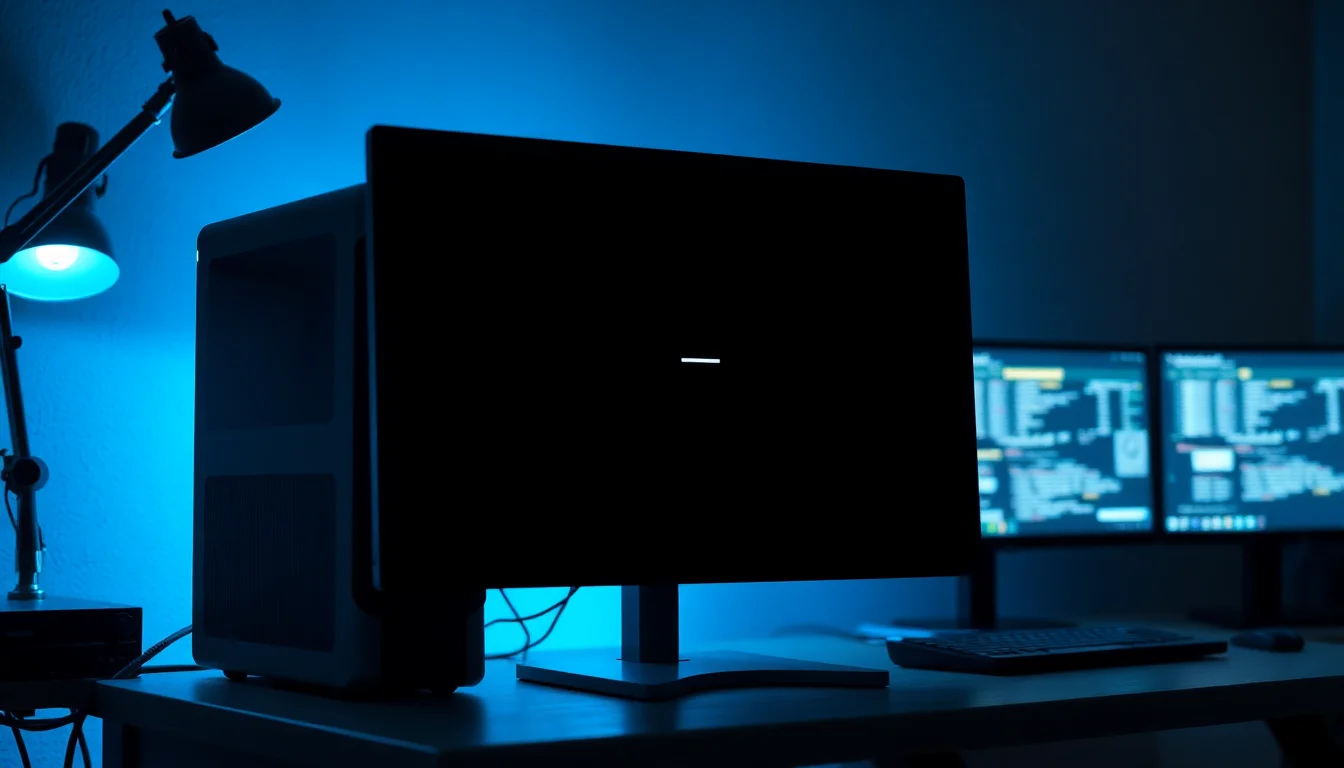 A desktop PC tower on a dark workbench displaying a black screen with a blinking white cursor underscore during a failed Windows boot sequence