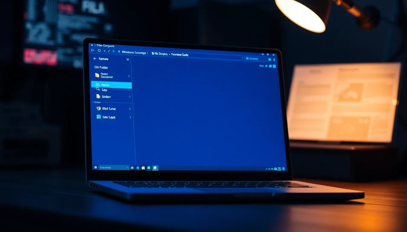 Windows 11 File Explorer open on a dark desk showing an empty folder location where files have vanished completely