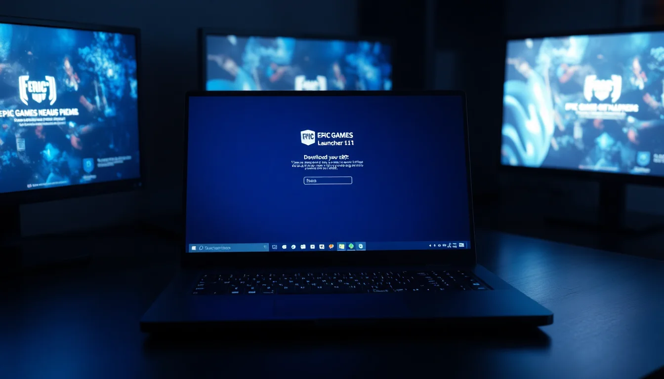 Windows 11 laptop on a desk showing Epic Games Launcher with a failed Fortnite download error and retry button on screen