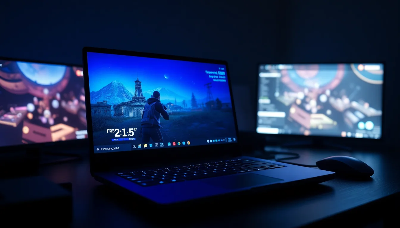 Windows 10 gaming laptop running Fortnite showing frame rate counter with visible stuttering spikes during intense combat, blue-tinted monitor glow on dark desk, tense competitive atmosphere