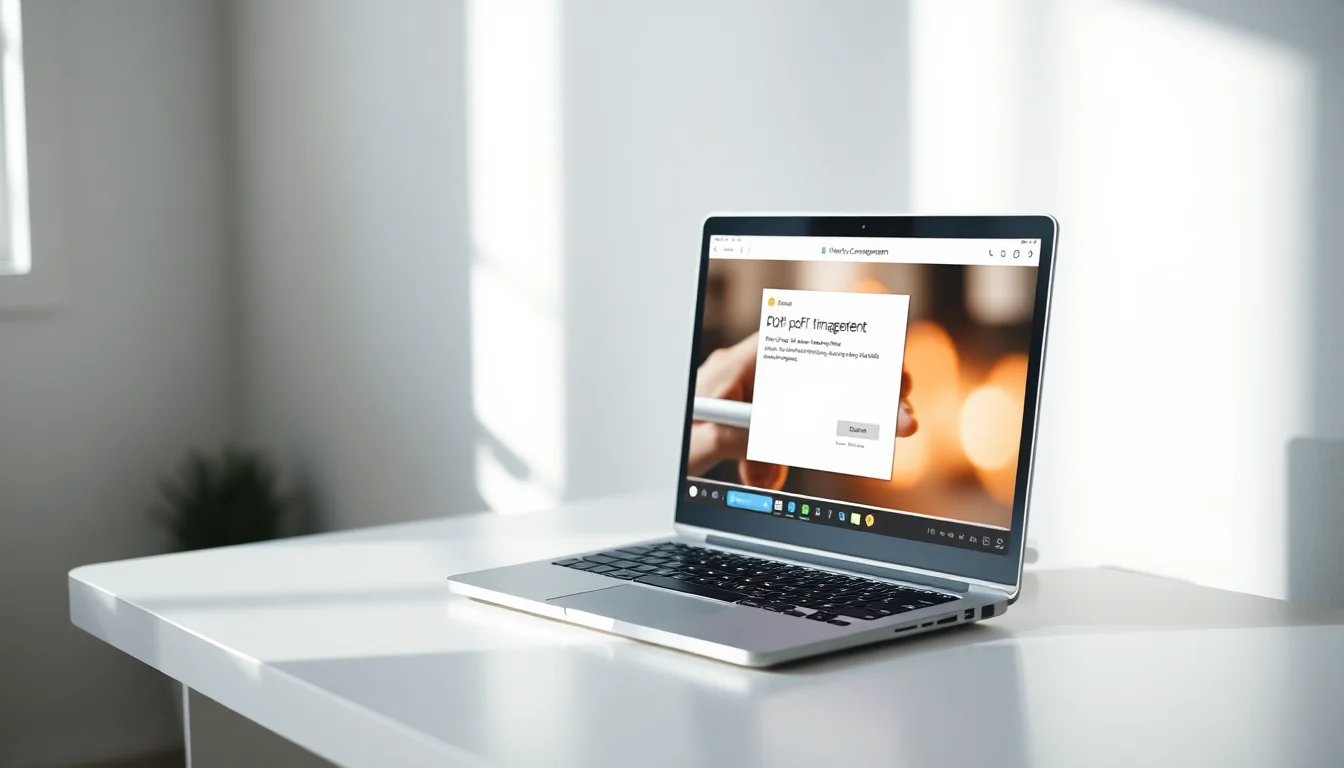 Windows 11 laptop on a clean desk showing a PDF document being converted to PNG image files in a browser window