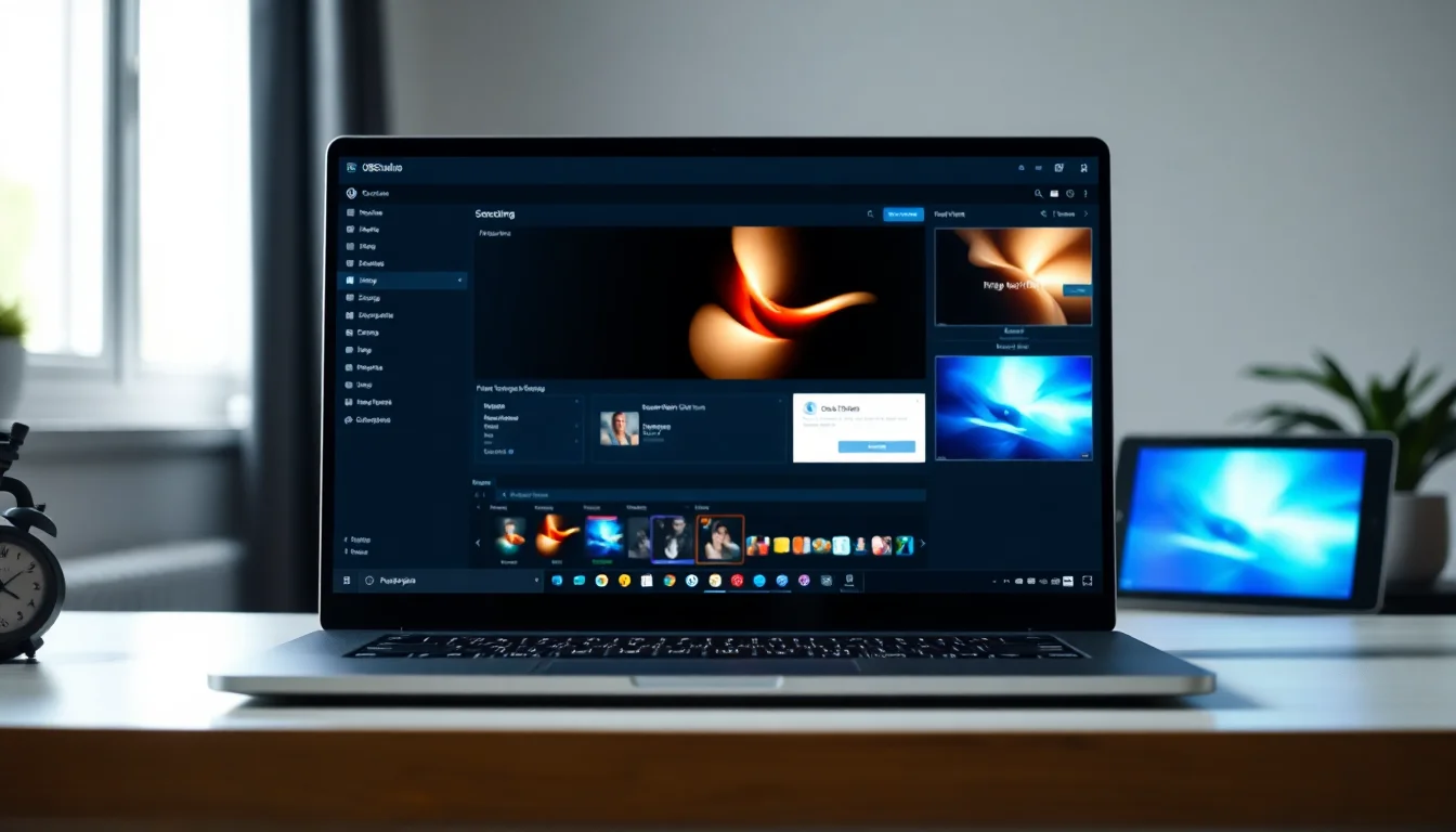 A Windows 11 desktop with open OBS Studio recording software showing a product demo capture window with multiple sources, bright daylight window lighting from the side, calm professional atmosphere