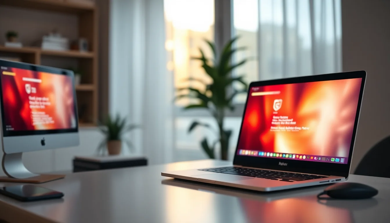 Split screen comparison of Windows laptop with green shield and checkmark on left side, red warning icon on right side, modern clean desk lighting, security focused atmosphere
