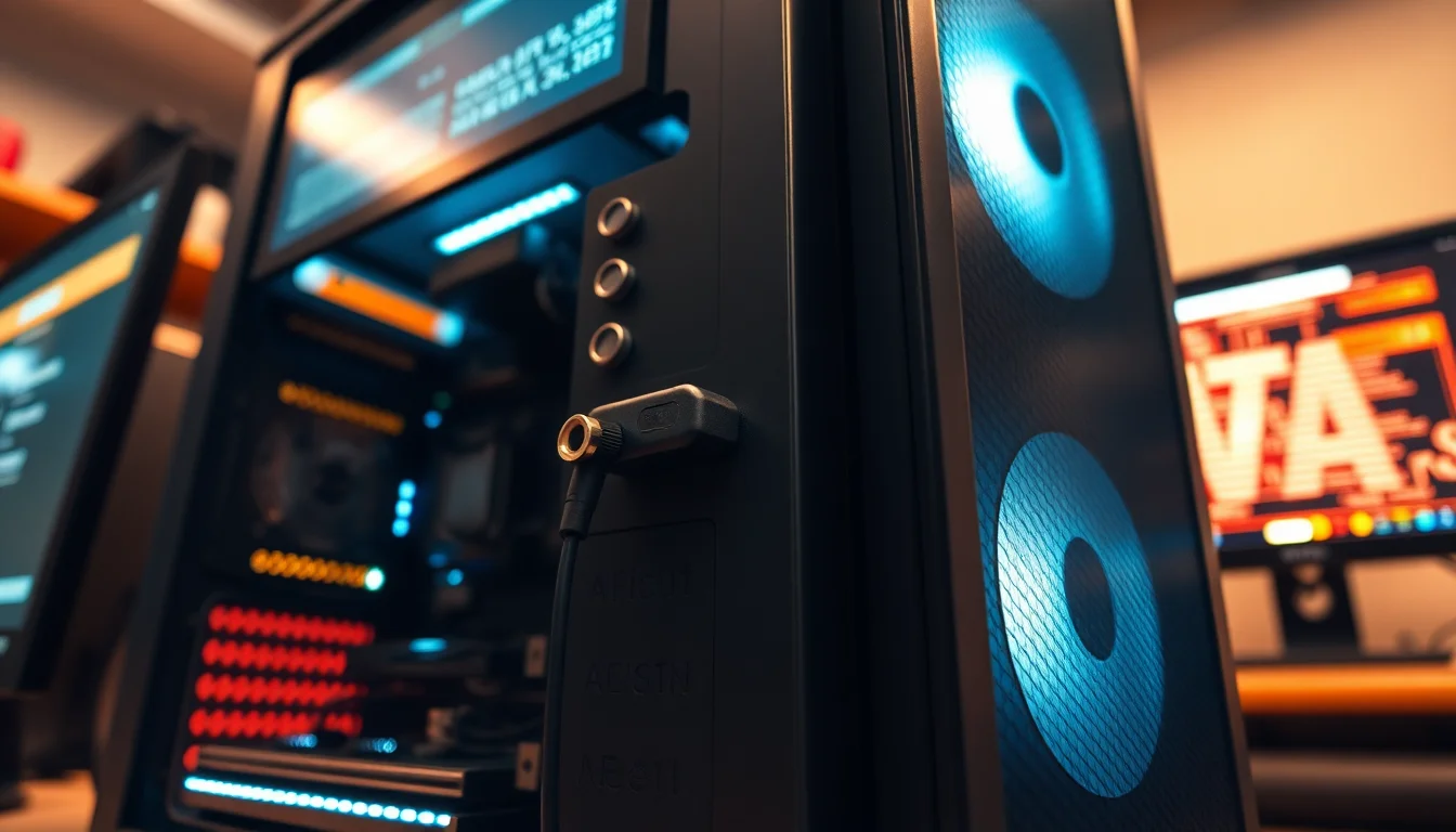 Close-up of desktop PC front panel showing audio jack ports with headphone plugged into non-working jack, rear motherboard connections visible in soft workbench lighting