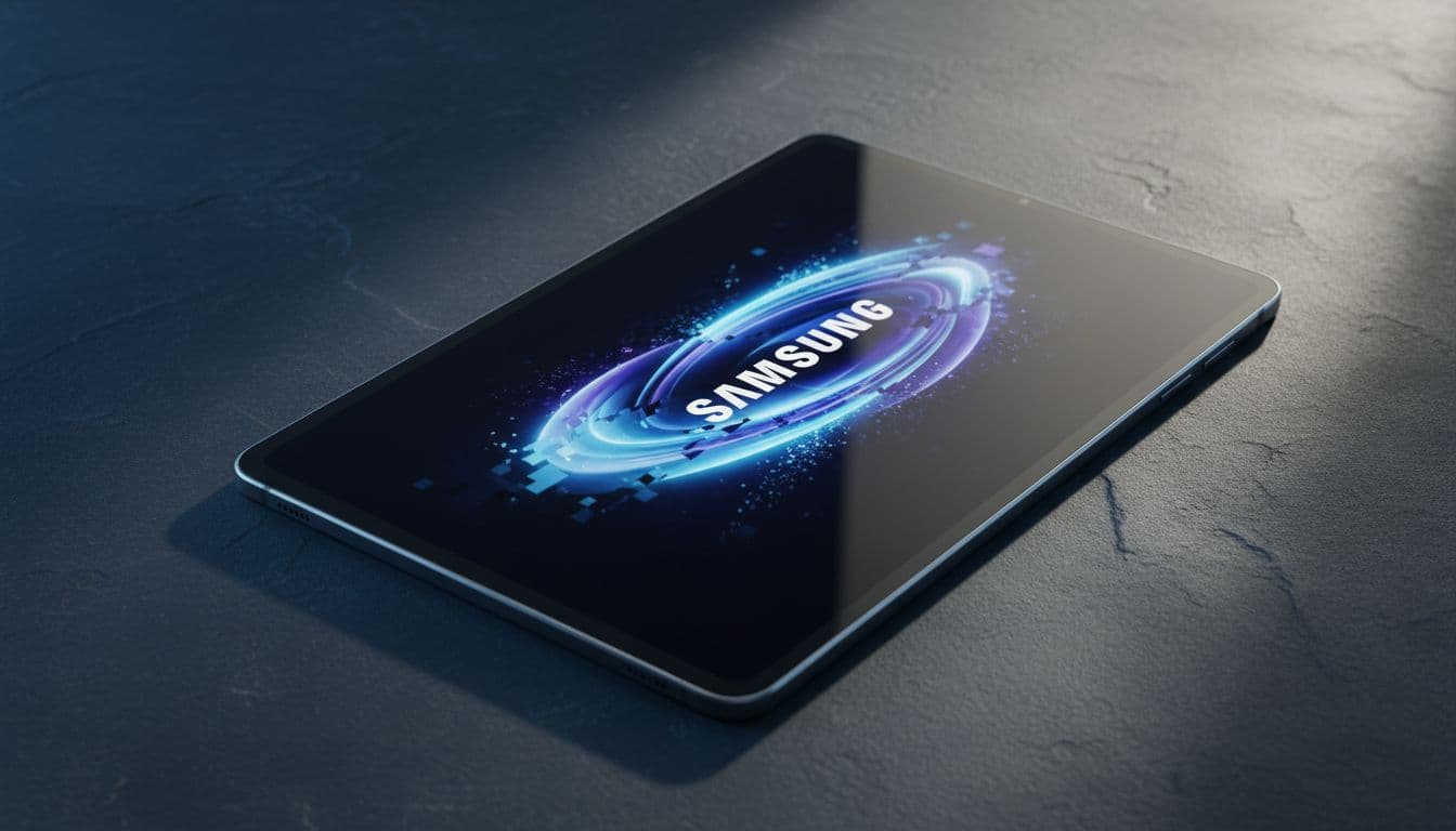 Samsung Galaxy Tab S7 Plus showing Samsung logo stuck on screen during boot loop on a dark desk