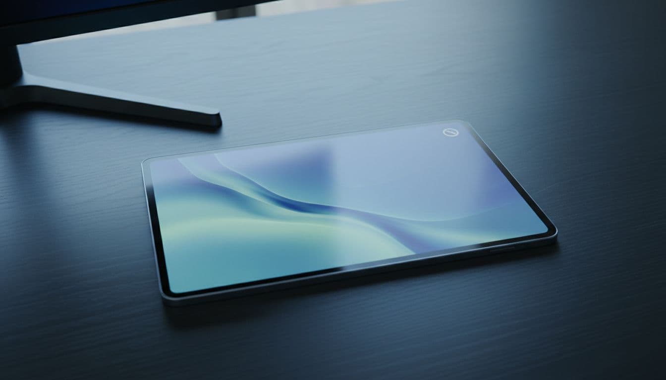Samsung Galaxy Tab S9 lying flat on a desk showing a muted speaker icon on screen with no audio output