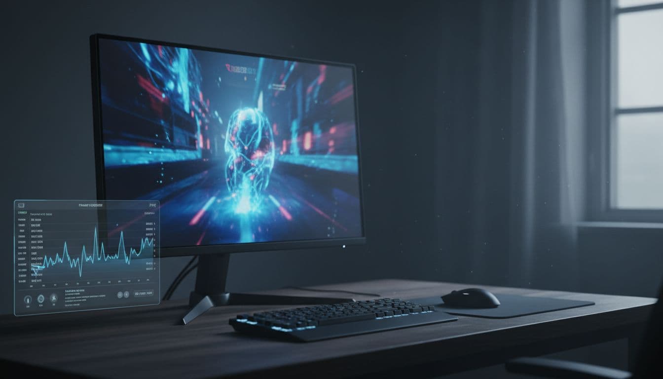 A Windows gaming PC monitor displaying a first-person shooter game with visible frame-time graph showing irregular stuttering spikes on screen