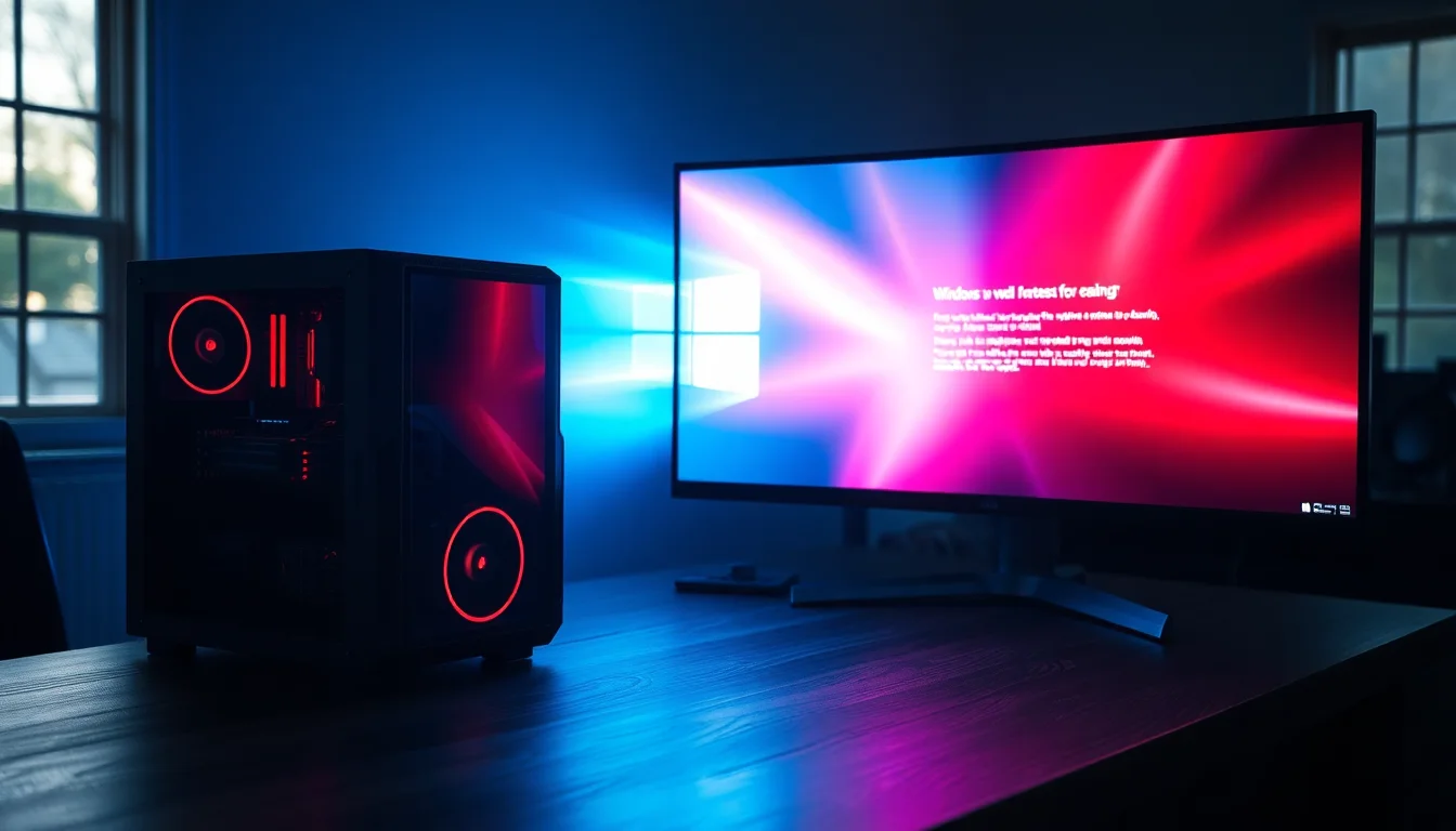A gaming PC tower on a dark desk with a Windows crash error visible on a monitor, dramatic blue and red lighting from screen glow