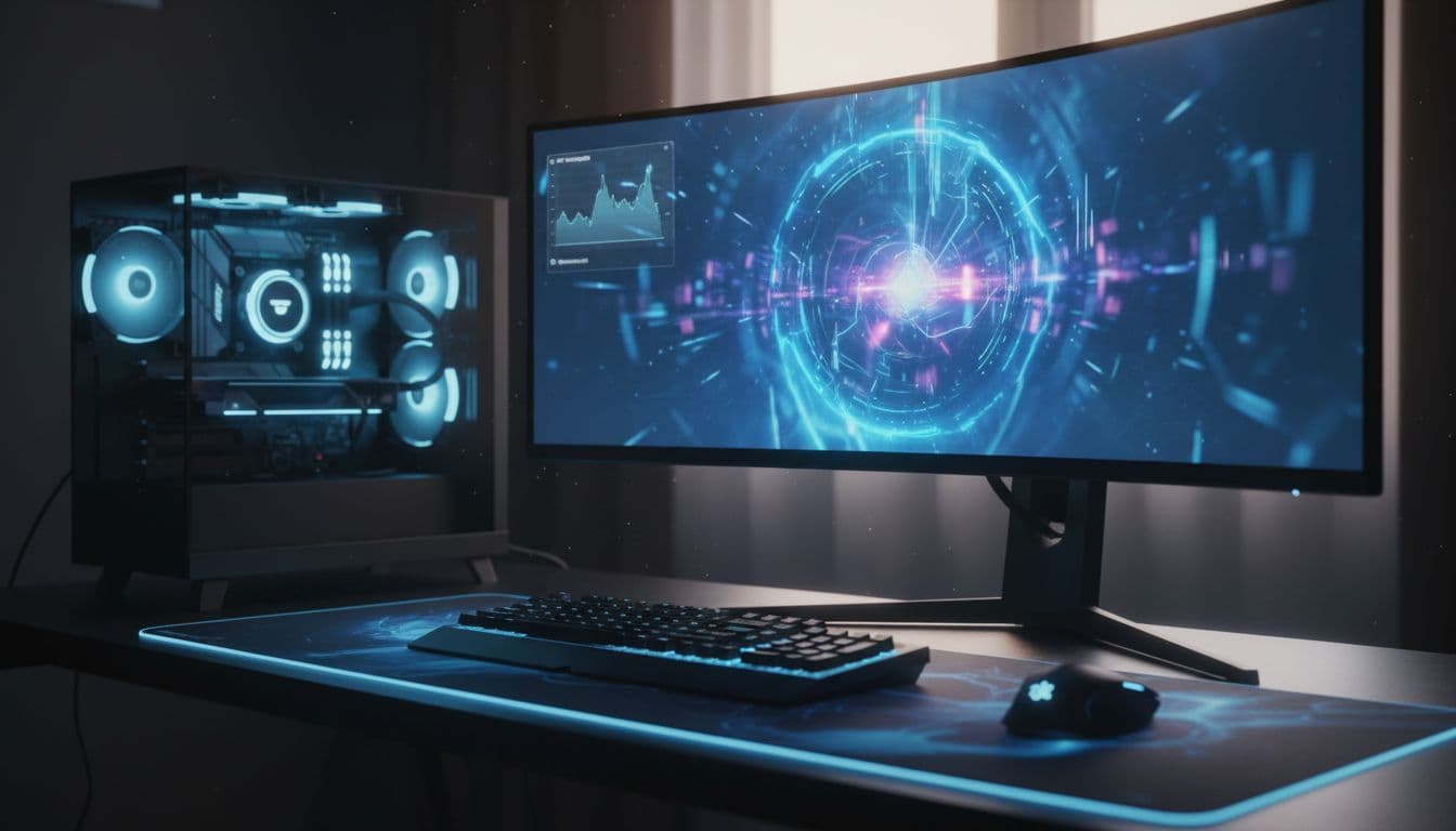 A Windows gaming PC desktop showing a frozen game screen with GPU temperature monitor open on a dark desk