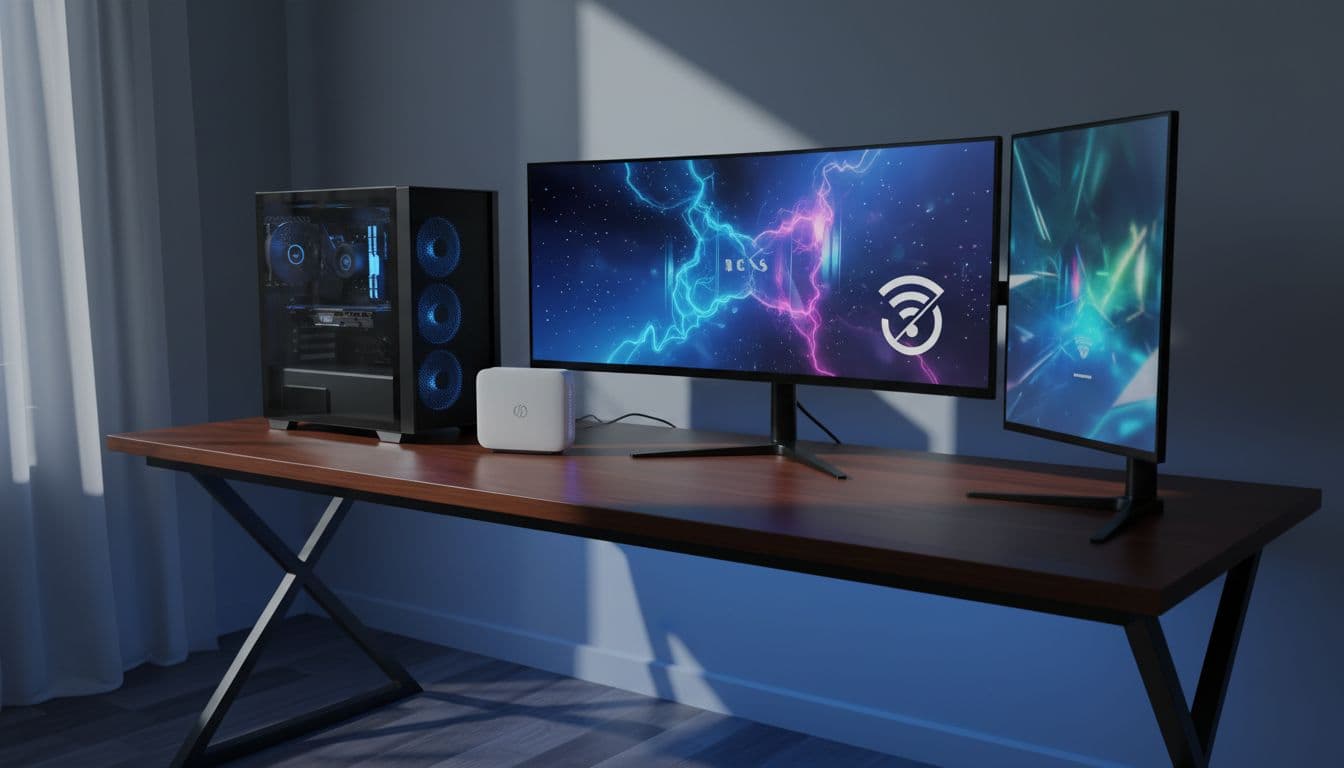 A gaming PC tower on a dark desk with a glowing router nearby showing disconnected wifi signal indicator in a moody blue-lit setup