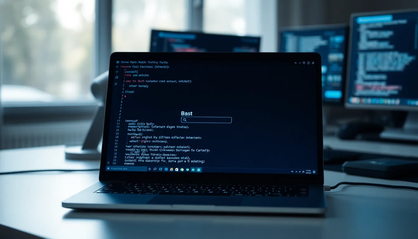 Windows command prompt showing Git Bash with a Tab key icon highlighted, cursor blinking on empty line, modern minimalist desk setup with blue rim lighting