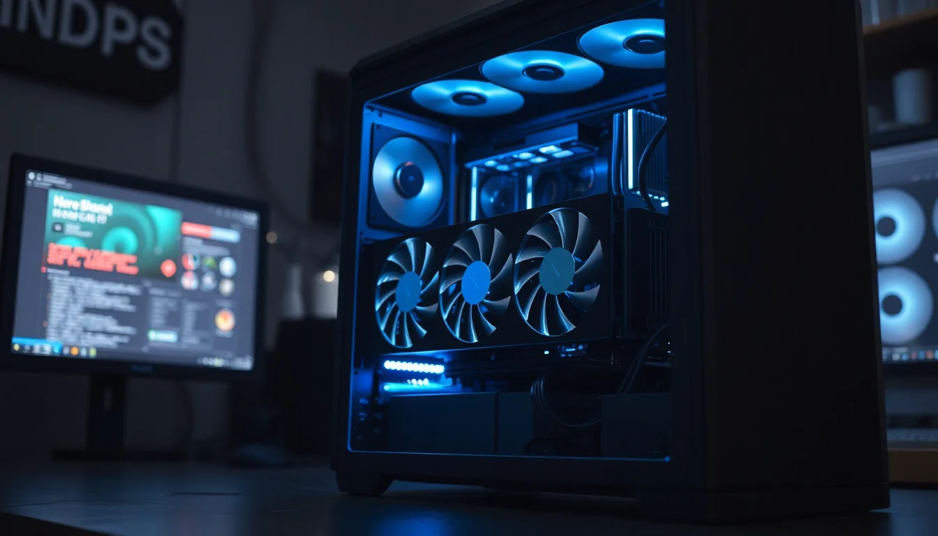A graphics card mounted in a PC case with RGB fans spinning, lit by cool blue side lighting on a dark workshop bench, focused technical atmosphere