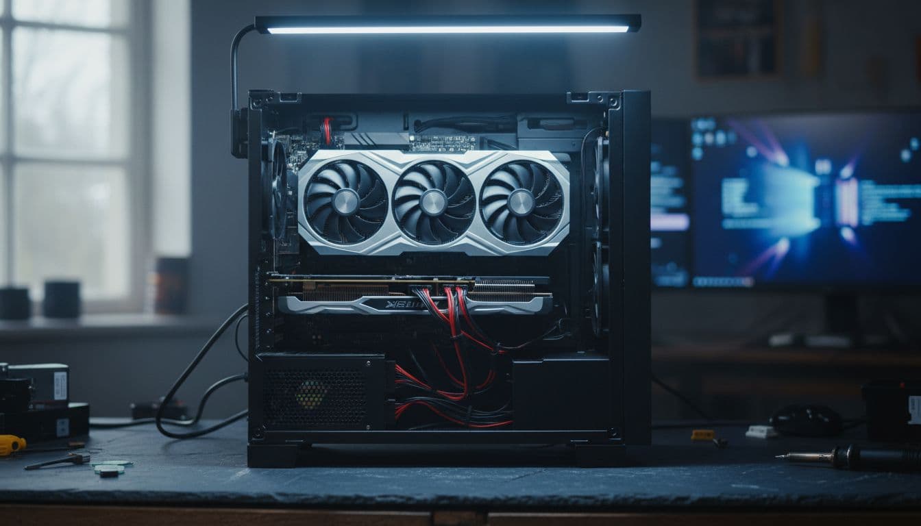 A desktop PC with open side panel showing GPU and PSU components on a workbench under bright diagnostic lighting