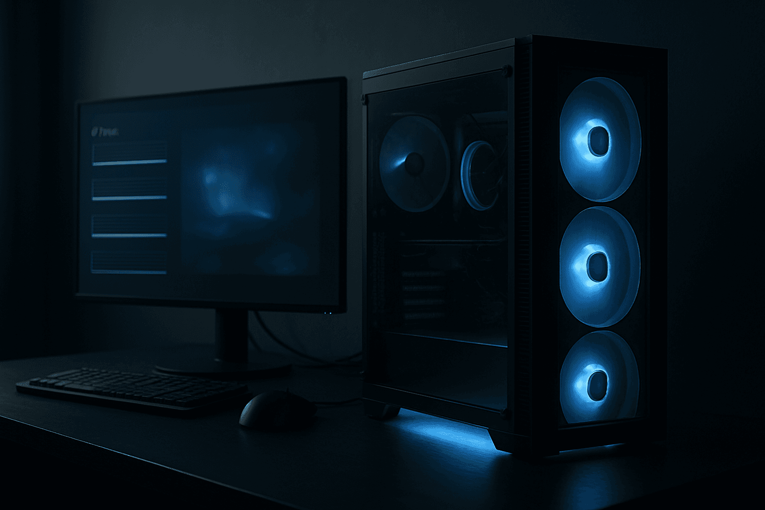 A gaming PC tower on a desk showing GPU performance monitoring software with low usage percentage on a dark screen